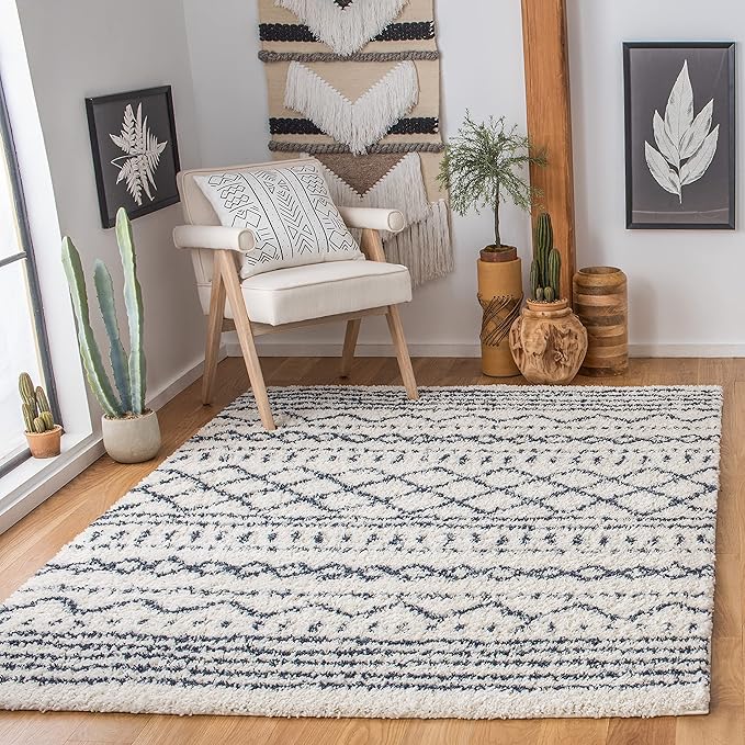 SAFAVIEH Arizona Shag Collection Area Rug - 5'1" x 7'6", Ivory & Slate, Moroccan Design, Non-Shedding & Easy Care, 1.6-inch Thick Ideal for High Traffic Areas in Living Room, Bedroom (ASG741M)