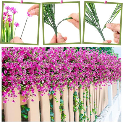 Hoteam 50 Bundles Outdoor Artificial Flowers Plants Uv Resistant Outside Faux Flowers Plastic Fake Plants Outdoor Summer Fall Four Seasons Decoration Shrubs Garden Porch Box, Purple Red