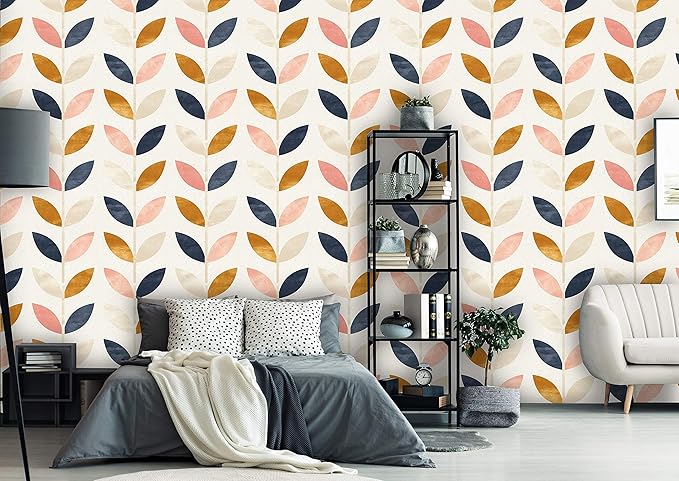 Removable Peel 'n Stick Wallpaper, Self-Adhesive Wall Mural, Rose Gold Blue Floral Pattern, Nursery Baby’s Room Decor • Scandinavian Design (24"W x 84"H Inches)