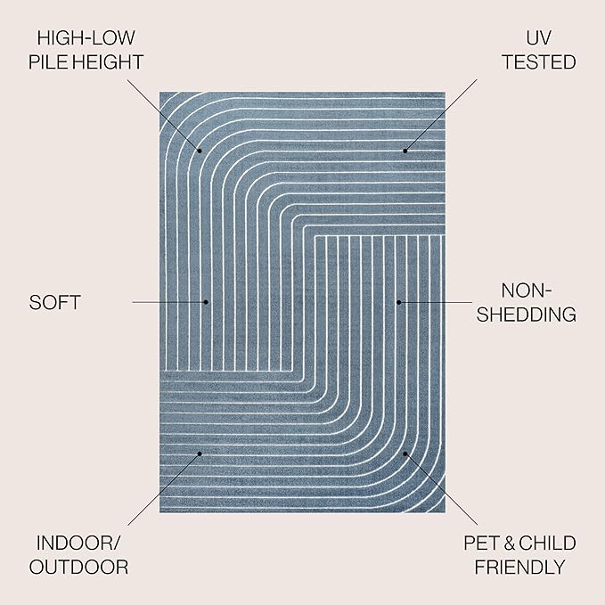 Eyely NCS101D-8 Odense High-Low Minimalist Angle Geometric Dark Blue/Cream 8 ft. x 10 ft. Indoor/Outdoor Area Rug, for Home, Backyard, Patio, Porch, Bedroom, Kitchen, Living Room
