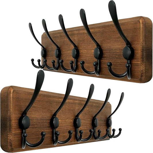 WEBI Rustic Coat Rack Wall Mounted,Wood Coat Hanger Wall,5 Coat Hooks,16" Hole to Hole,Hook Rack Rail,5 Triple Hooks for Hanging Jacket,Clothes,Hats,Entryway,Brown,2 Packs