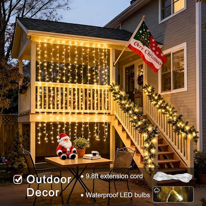 JMEXSUSS 300 LED Remote Control Christmas Curtain Lights, Plug in Fairy Curtain Lights Outdoor, Window Wall Hanging String Lights for Bedroom Backdrop Wedding Party Indoor Patio Xmas Decor, Warm White
