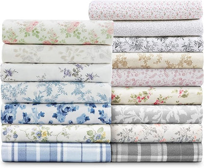 Laura Ashley - Flannel Sheets Twin Size, Anti-Pilling & Wrinkle Resistant Cotton, Touchably Soft for All-Season Comfort - Bed Sheets with Matching Pillowcase & Fitted Sheet (Faye Toile Black)