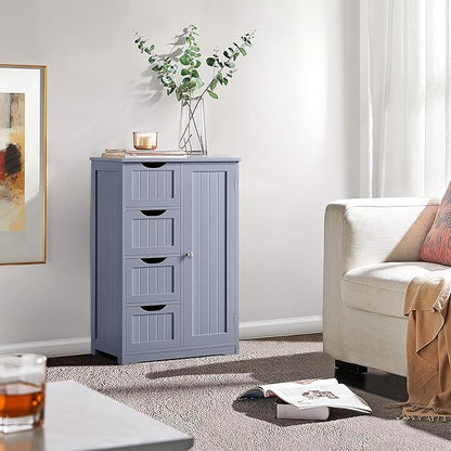 Yaheetech Bathroom Floor Cabinet, Freestanding Storage Organizer Unit Kitchen Cupboard W/ 4 Drawers & Adjustable Shelves, Using for Kitchen/Bathroom, Gray