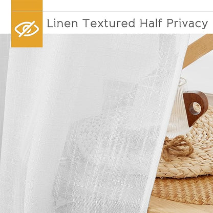 RYB HOME Short White Linen Curtains 45 inches Long, Cortinas para Cuarto Semi Sheer Curtains Rod Pocket Bedroom Kitchen Bathroom Window, White, W 52 x L 45, Set of 2