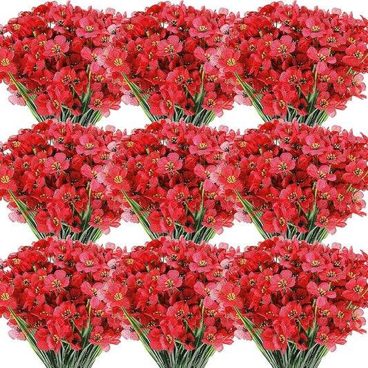 Lyrow 100 Bundles Violet Artificial Flowers, UV Resistant Faux Flowers Outdoor, Faux Silk Flowers, Fake Violet Flowers Bulk for Front Porch Hanging Garden Courtyard Farmhouse Home(Red)
