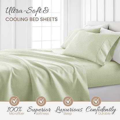 Linen Market Double-Brushed Patterned Microfiber California King Sheet Set 4 Piece – OEKO-TEX Certified Ultra Soft & Wrinkle-Free - 16" Deep Pocket Sheets Easy Care Cal-King Size - Puffed Chevron Sage