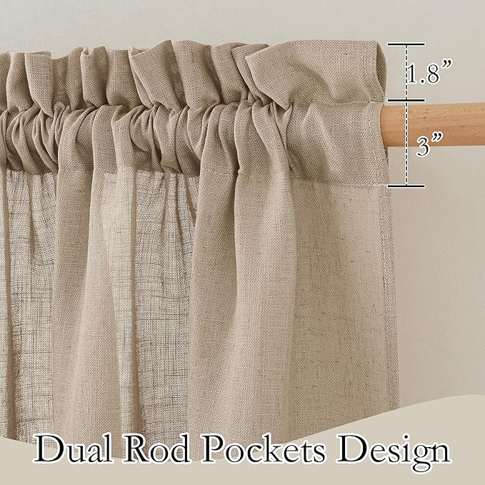 RYB HOME Linen Kitchen Curtains 63 inch Length for Living Room Bedroom, Privacy Protection Light Filtering Decorative Natural 2 Panels Set Farmhouse Boho, Khaki, W 34 x L 63 inches