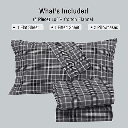 RUVANTI Flannel Sheets Queen Size - 100% Cotton Double Brushed Bed Sheets, Deep Pockets 16 Inches Queen Sheet Set, All Seasons Breathable & Extra Soft - Warm & Cozy, 4 Piece, Grey Plaid