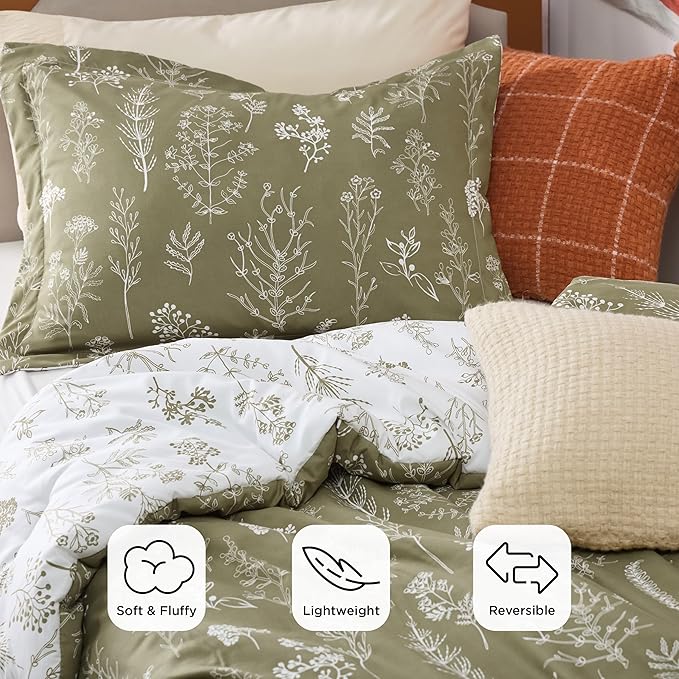 Bedsure Twin/Twin XL Comforter Set - Olive Green Bed Set, 2 Pieces Cute Floral Bedding, 1 Soft Reversible Botanical Flowers Comforter and 1 Pillow Sham