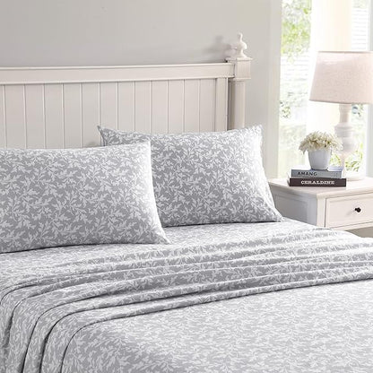 Laura Ashley - Flannel Sheets King Size, Anti-Pilling & Wrinkle Resistant Cotton, Touchably Soft for All-Season Comfort - Bed Sheets with Matching Pillowcases & Fitted Sheet (Crestwood Pastel Grey)
