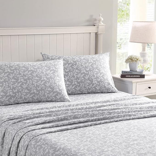 Laura Ashley - Flannel Sheets Twin Size, Anti-Pilling & Wrinkle Resistant Cotton, Touchably Soft for All-Season Comfort - Bed Sheets with Matching Pillowcase & Fitted Sheet (Crestwood Pastel Grey)