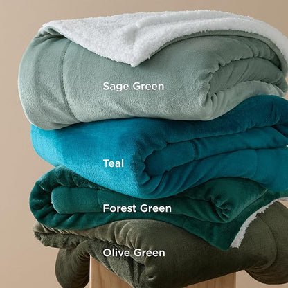 Bedsure GentleSoft Sherpa Fleece Blankets Queen Size for Bed - Thick and Warm Throw for Women and Men, Soft Fuzzy Plush Queen Blanket for Winter, Olive Green, 90x90 Inches