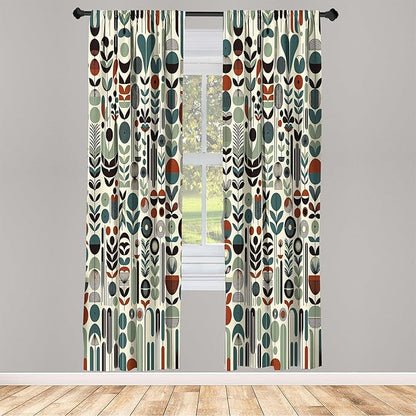 Ambesonne Leafy Art Curtains, Scandinavian Leaves Pattern with Geometric Roundy Modern Boho Print, Window Treatments 2 Panel Set for Living Room Bedroom, Pair of - 28" x 84", Pale Green Redwood Teal