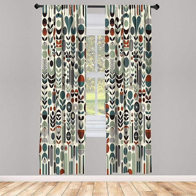 Ambesonne Leafy Art Window Curtains Pack of 2, Scandinavian Leaves Pattern with Geometric Roundy Modern Boho Print, Lightweight Set with Rod Pocket, 4 Panels of - 28" x 63", Pale Green Redwood Teal