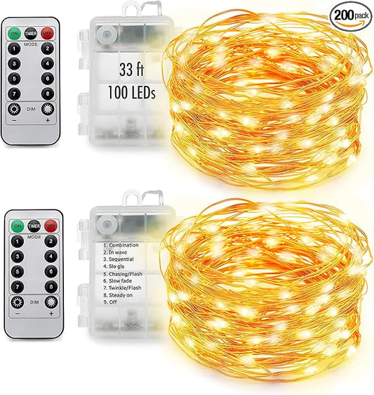 MUMUXI 2 Pack 33ft 100 LED Fairy Lights with Timer, Ourdoor Battery-Powered Twinkle and Remote Control, Christmas String Lights, Warm White Waterproof Decorative Lighting for Holidays and Events