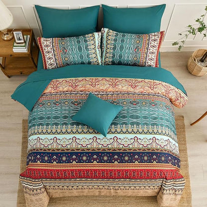 Boho Comforter Set California King Size 8 Pieces,Green and Brown Bohemian Striped Bed in a Bag,Floral Soft Microfiber Bedding Comforter Set for All Seasons