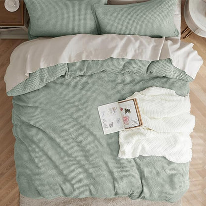 Bedsure Cotton Duvet Cover Queen - 100% Cotton Waffle Weave Sage Green Duvet Cover Queen Size, GentleSoft™ and Breathable Bedding Set for All Season, 3 Pieces, 90"x90"