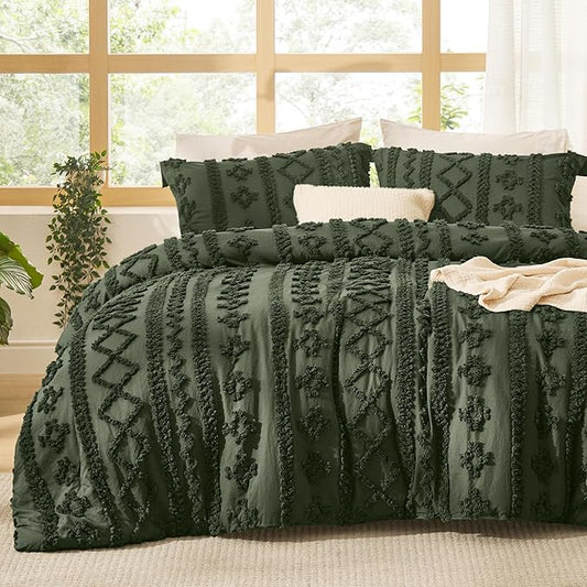 Bedsure Tufted Boho Comforter Set Queen Size - Olive Green Boho Bed Set, GentleSoft™ 3 Pieces Farmhouse Shabby Chic Embroidery Bedding, Gifts for Woman, Soft Jacquard Queen Comforter for All Seasons