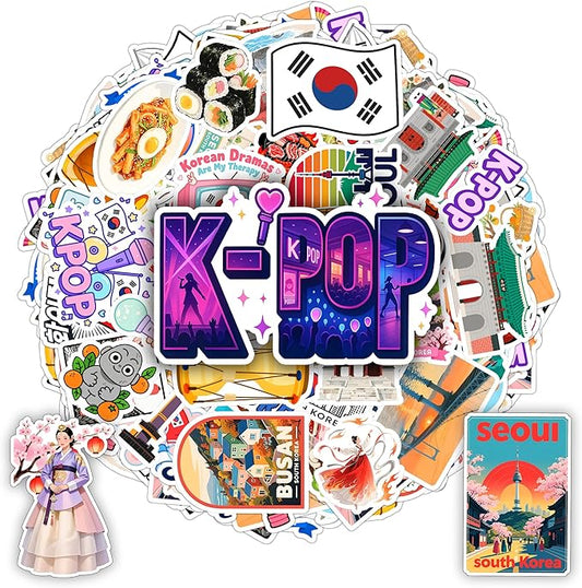 100 PCS South Korea Stickers – Korean Travel Icons, Food & Culture Vinyl Waterproof Decals for Laptop, Scrapbook, Water Bottle, Car, Guitar – Fun Gift for Teens & Adults