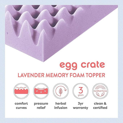 Best Price Mattress 1.5 Inch Egg Crate Memory Foam Mattress Topper with Soothing Lavender Infusion, CertiPUR-US Certified, Dorm Essentials, Queen