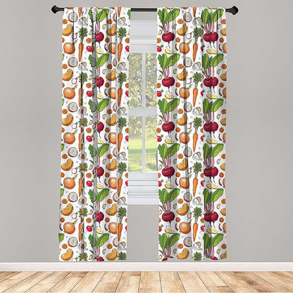 Ambesonne Vegetables 2 Panel Curtain Set, Continuous Pattern of Sketchy Painted Healthy Natural Tasty Food Illustration, Window Treatment Living Room Bedroom Decor, Pair of - 28" x 95", Green Orange