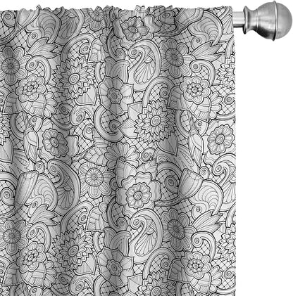 Ambesonne Black and White Window Curtains, Paisley Design with Sketch Style Flowers Leaves on Monochrome Background, Decor 2-Panel Set with Rod Pocket, Pair of - 28" x 63", White and Charcoal