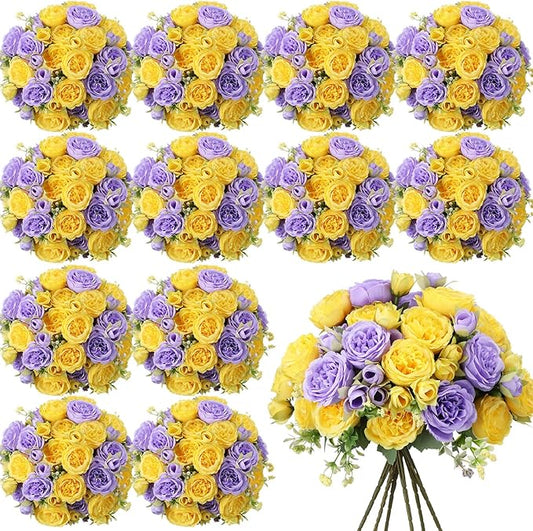 Geosar 16 Bundles Artificial Peonies Flowers Fake Silk Peony Bouquet Faux Peonies Flowers Bulk for Decoration Vase Floral Arrangements Wedding Party Table (Purple,Yellow)