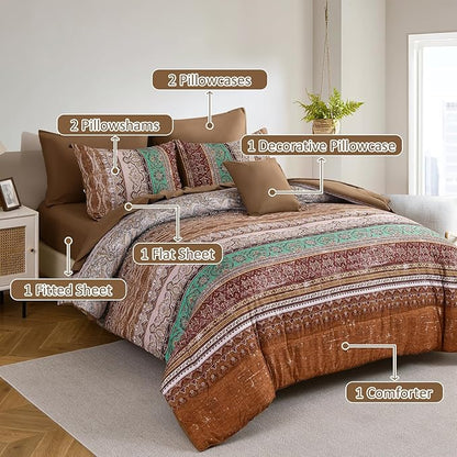 Boho Queen Comforter Set 8 Pieces, Brown Bohemian Striped Bed in a Bag, Paisley Soft Microfiber Bedding Comforter Set