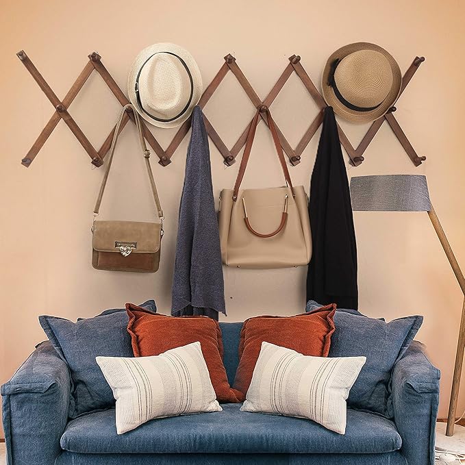 WEBI Accordion Wall Hanger,Expandable Wooden Hat Rack for Wall Mounted Coat Rack,Accordion Hat Hooks Holder for Baseball Caps,17 Peg,Walnut Color
