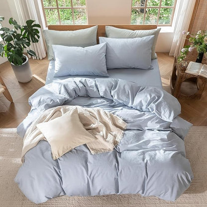 MooMee Bedding Duvet Cover Set 100% Washed Cotton Linen Like Textured Breathable Durable Soft Comfy (Heathered Cornflower Blue, Oversized King Plus 128"x120")