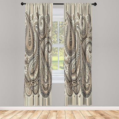 Ambesonne Paisley Curtains, Delicate Bohemian Leafy Motives on Stripes in Neutral Muted Colors, Window Treatments 2 Panel Set for Living Room Bedroom, Pair of - 28" x 84", Warm Taupe Ivory and Sepia