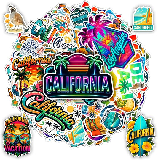 100 PCS California Travel Stickers Pack, Vinyl Waterproof Decals of Beaches Cities Landmarks Food Culture, Fun Gift for Kids Teens Adults Laptop Water Bottle Scrapbook Luggage Car