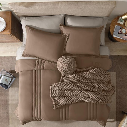 Monbix King Size Comforter Set - 7 Pieces Bed in a Bag King, Raw Umber Bedding Sets with Comforter, All Seasons Down Alternative Comforter Bed Set with Sheets, Pillowcases & Shams