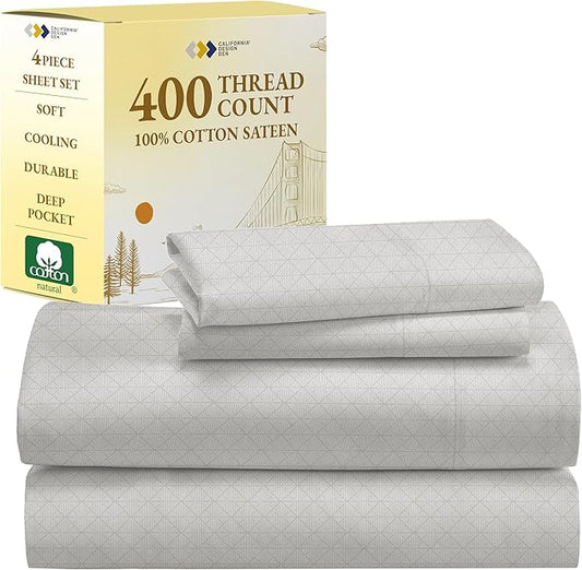 California Design Den Printed King Size Sheets Set - Luxury 400 Thread Count Sateen, Natural 100% Cotton Sheets, Deep Pockets, Cooling and Durable Bedding Set - Taupish-Sage Crosshatch