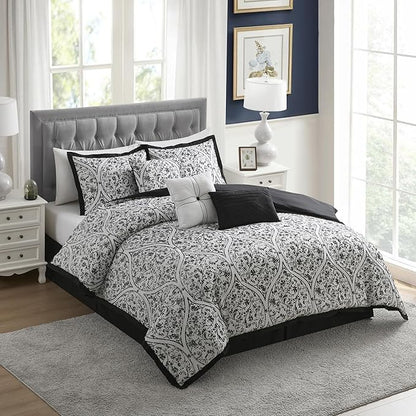 Queen Comforter Set - Complete 7-Piece Bedding Collection - 1 Comforter, 2 Pillow Shams, 1 Bed Skirt & 3 Decorative Accent Pillows - Premium Quality, Queen, Black/White Damask