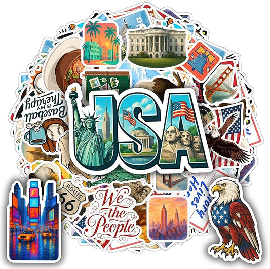 100 PCS USA Travel Stickers Pack – American Quotes, Food & Culture Vinyl Waterproof Decals for Laptop, Water Bottle, Scrapbook, Hard Hat, Car Gift for Kids, Teens, Adults