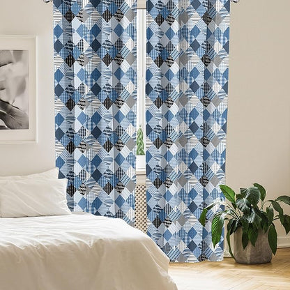 Ambesonne Geometric Window Curtains, Geometrical Diamond Shaped Lines with Various Nostalgic Fashioned Old Pattern, Decorative Panels Set of 2 with Rod Pocket, Pair of - 28" x 63", Black Blue