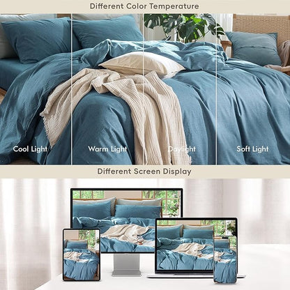 MooMee Bedding Duvet Cover Set 100% Washed Cotton Linen Like Textured Breathable Durable Soft Comfy (Heathered Peacock Blue, Oversized Queen 98"x98")