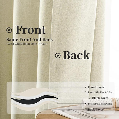 KangBang Cream Blackout Linen Blend Curtains 2 Panels,72 Wide Back Tab Rod Pocket Look Window Drapes for Living Room, Room Darkening Thick Linen Drapery Panels for Sliding Patio Door,72Wx96L