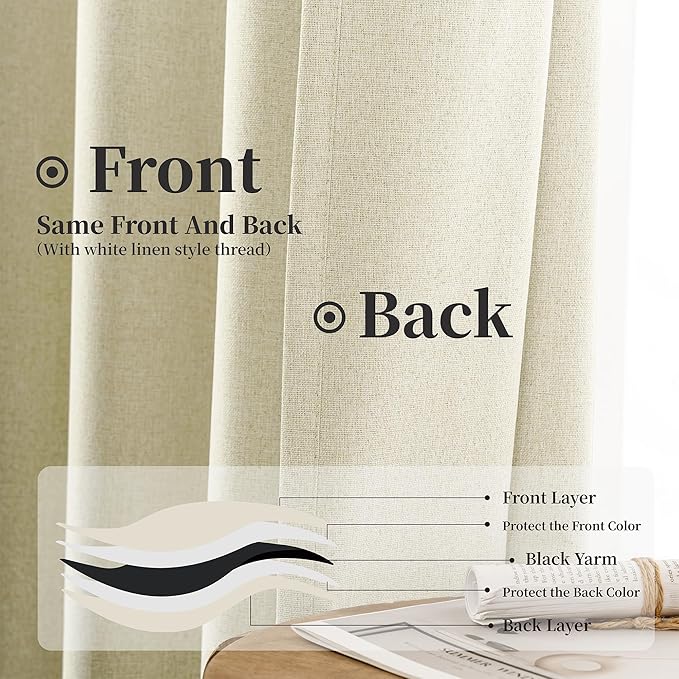 KangBang 90 Inch Long Linen Blackout Curtains, Back Tab Rod Pocket Linen Textured Curtains for Nursery Bedroom, Sun Blocking Back Tab French Countryside Curtains(Ivory Cream,52x90 Inch,2 Panels Set)