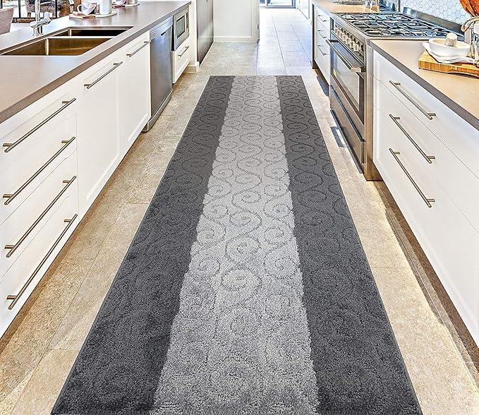 Custom Size Modern Runner Rug Carpet for Hallway Entryway Foyer Kitchen, Slip Resistant Latex Rubber Backed 31 inch Wide X Customized Length, Scroll Grey, 31 inch X 5 feet