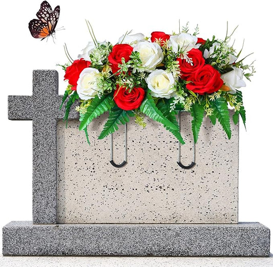 Christmas Cemetery Decorations for Grave Headstone Flower Saddle Artificial Flower Saddles Red Poinsettia Outdoor Memorial Headstone Realistic Bouquet(Fresh Color,Butterfly Style)
