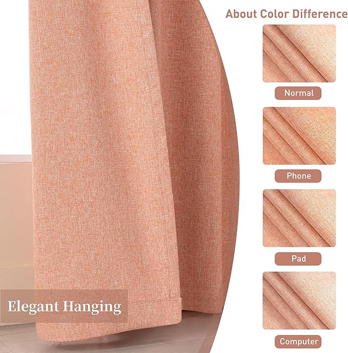 KangBang Light Coral Full Blackout Curtains 72x108 Inches Long Light Blocking Thermal Insulated Back Tab Rod Pocket Curtains for Nursery Hall Large Windows, 2 Panels, Hook Belt Pleated Drapes, Salmon
