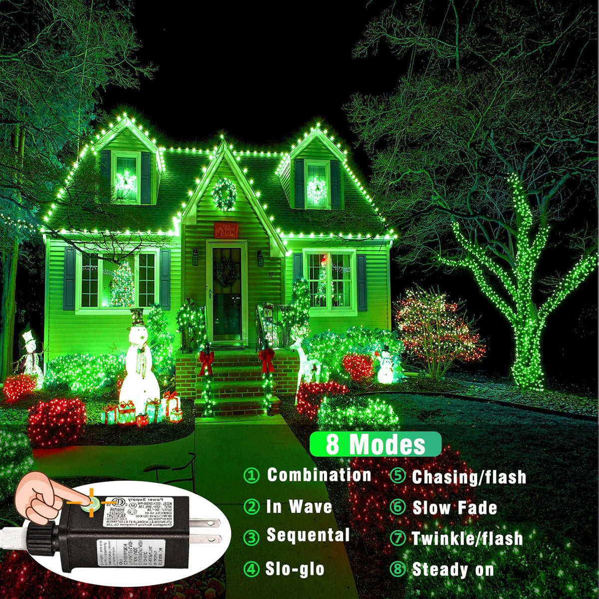 Vivideal 200 LED String Lights Indoor 66FT Green Christmas Lights Outdoor | Connectable Twinkle Fairy Lights Plug in 8 Modes Clear Wire for Classroom Xmas Tree Decorations