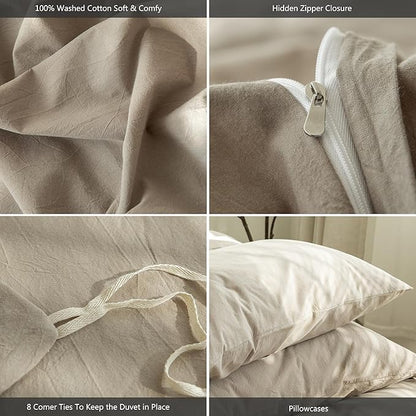 MooMee Bedding Duvet Cover Set 100% Washed Cotton Linen Like Textured Breathable Durable Soft Comfy (Solid Light Camel, Super Queen 90"x98")