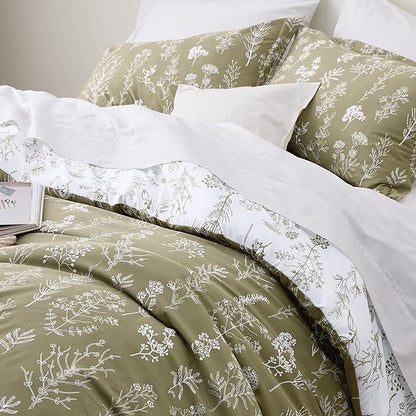 Bedsure California King Comforter Set - Olive Green Bed Set, 3 Pieces Cute Floral Bedding, 1 Soft Reversible Botanical Flowers Comforter and 2 Pillow Shams