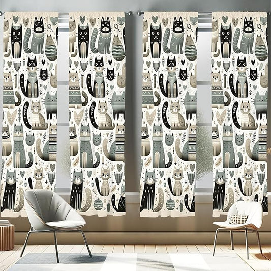 Ambesonne Cats Window Curtains Pack of 2, Modern Scandinavian Inspired Innocent Kitten Pattern with Leafy Details, Lightweight Set with Rod Pocket, 4 Panels of - 28" x 84", Pale Teal Pale Khaki Grey
