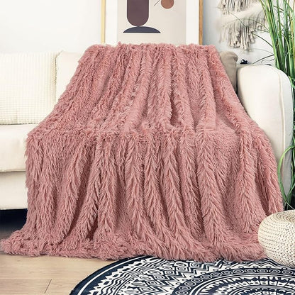 Tuddrom Decorative Extra Soft Fuzzy Faux Fur Throw Blanket 50" x 60",Solid Reversible Long Hair Shaggy Blanket,Fluffy Cozy Plush Comfy Microfiber Fleece Blankets for Couch Sofa Bedroom,Peach Whip