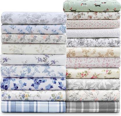 Laura Ashley - Flannel Sheets King Size, Anti-Pilling & Wrinkle Resistant Cotton, Touchably Soft for All-Season Comfort - Bed Sheets with Matching Pillowcases & Fitted Sheet (Le Fleur Orange)